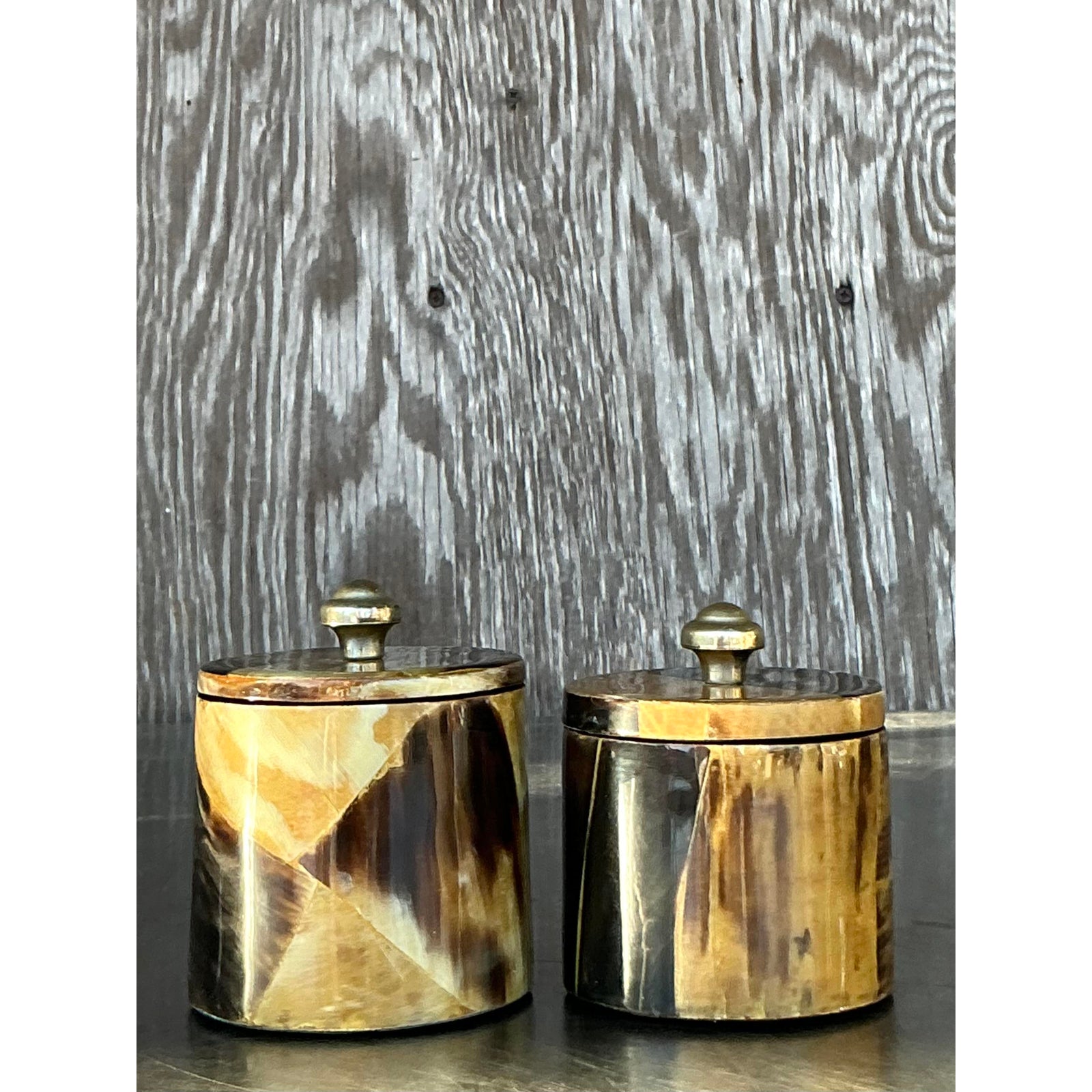Vintage Boho Tessellated Horn Canisters - A Pair - Top view
