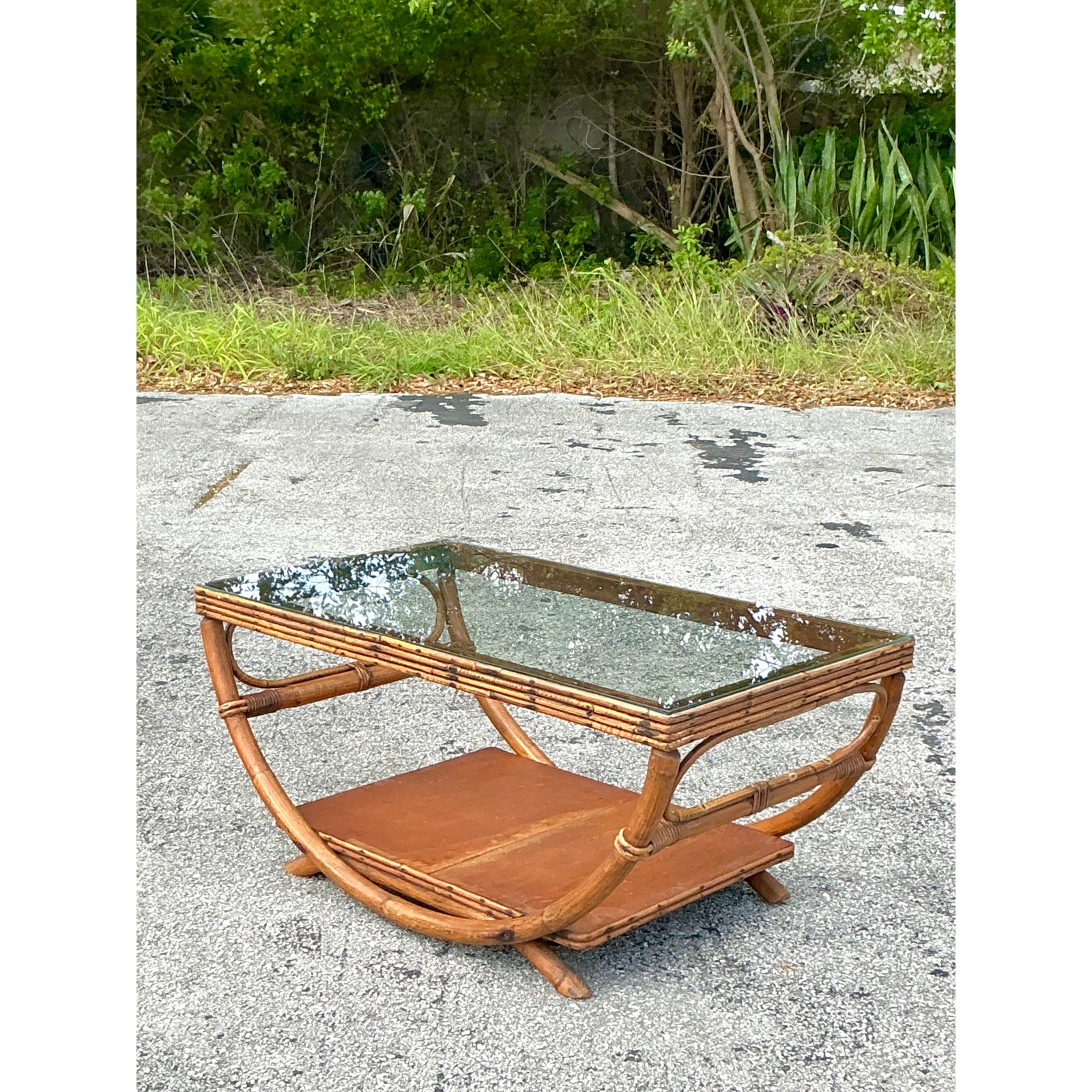 Vintage Coastal Bent Rattan Coffee Table - Side view