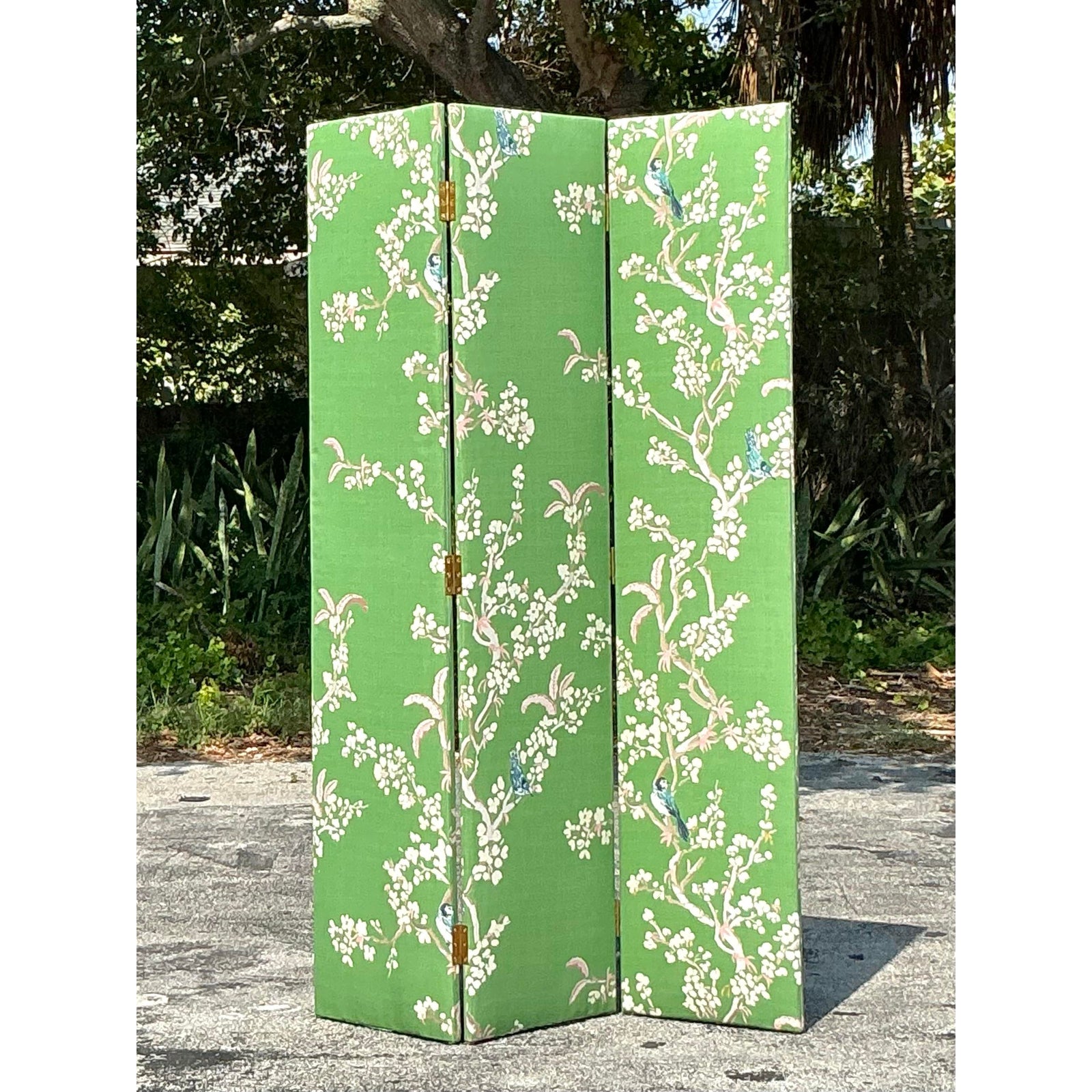 Vintage Regency Gracie Style Upholstered Three Panel Screen - Back view