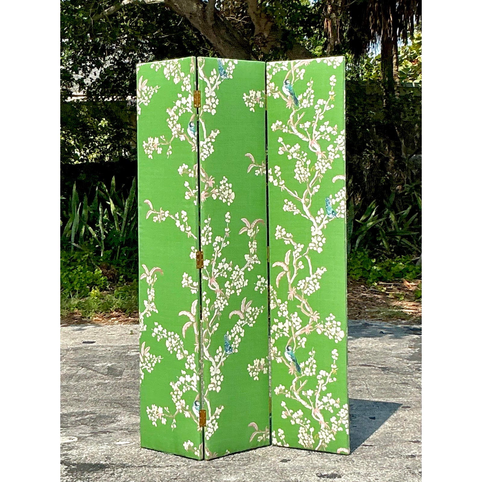 Vintage Regency Gracie Style Upholstered Three Panel Screen - Top view