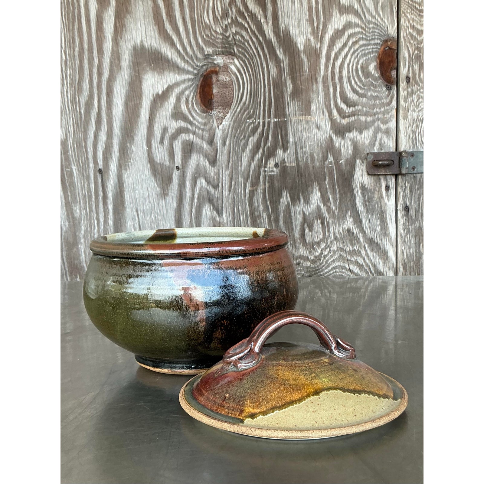 Vintage Boho Studio Pottery Lidded Bowl - Side view
