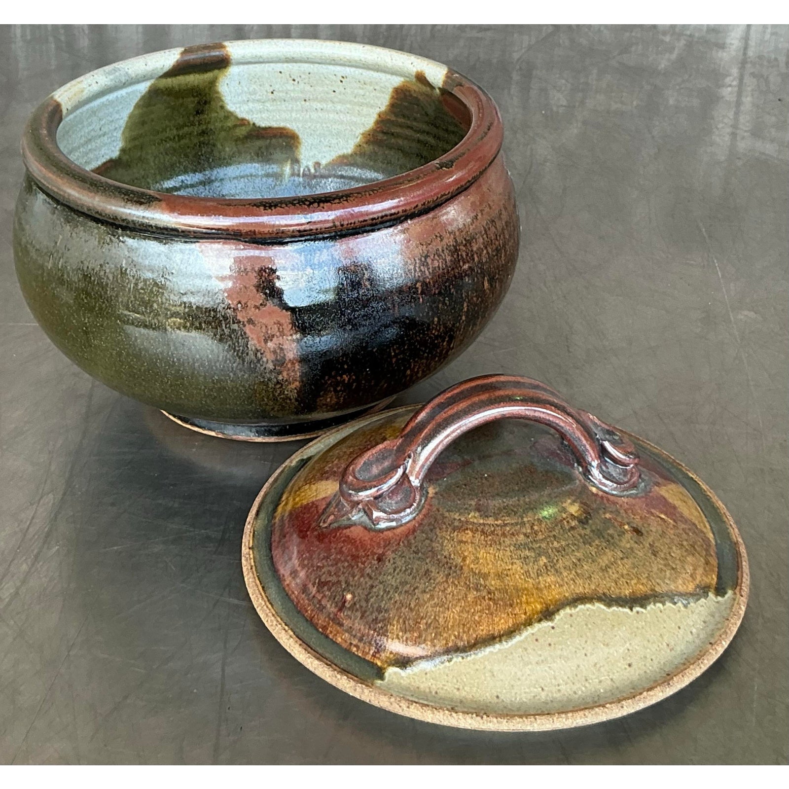 Vintage Boho Studio Pottery Lidded Bowl - Back view