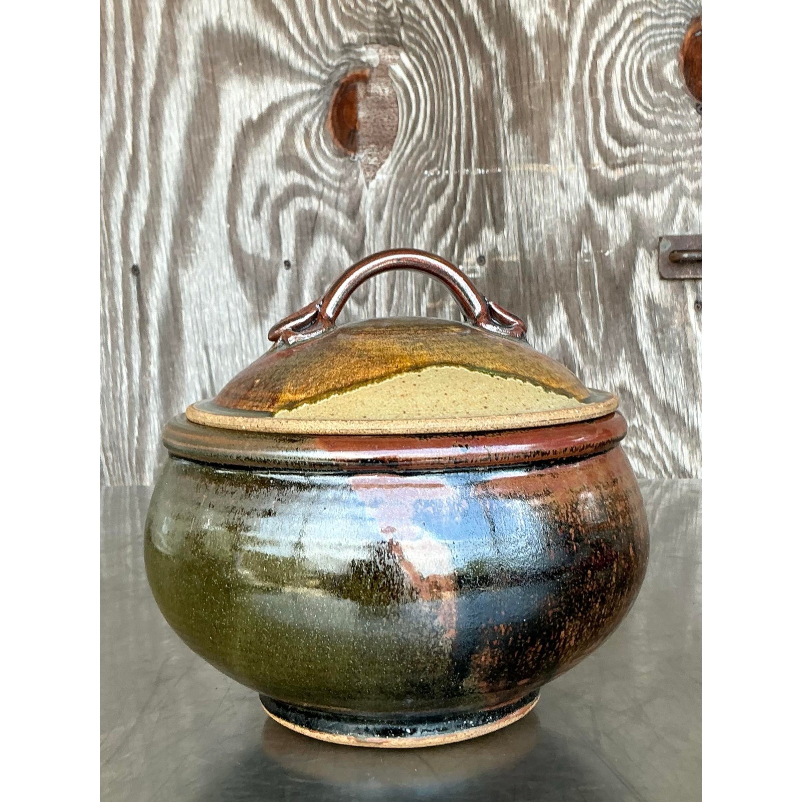 Vintage Boho Studio Pottery Lidded Bowl - Top view