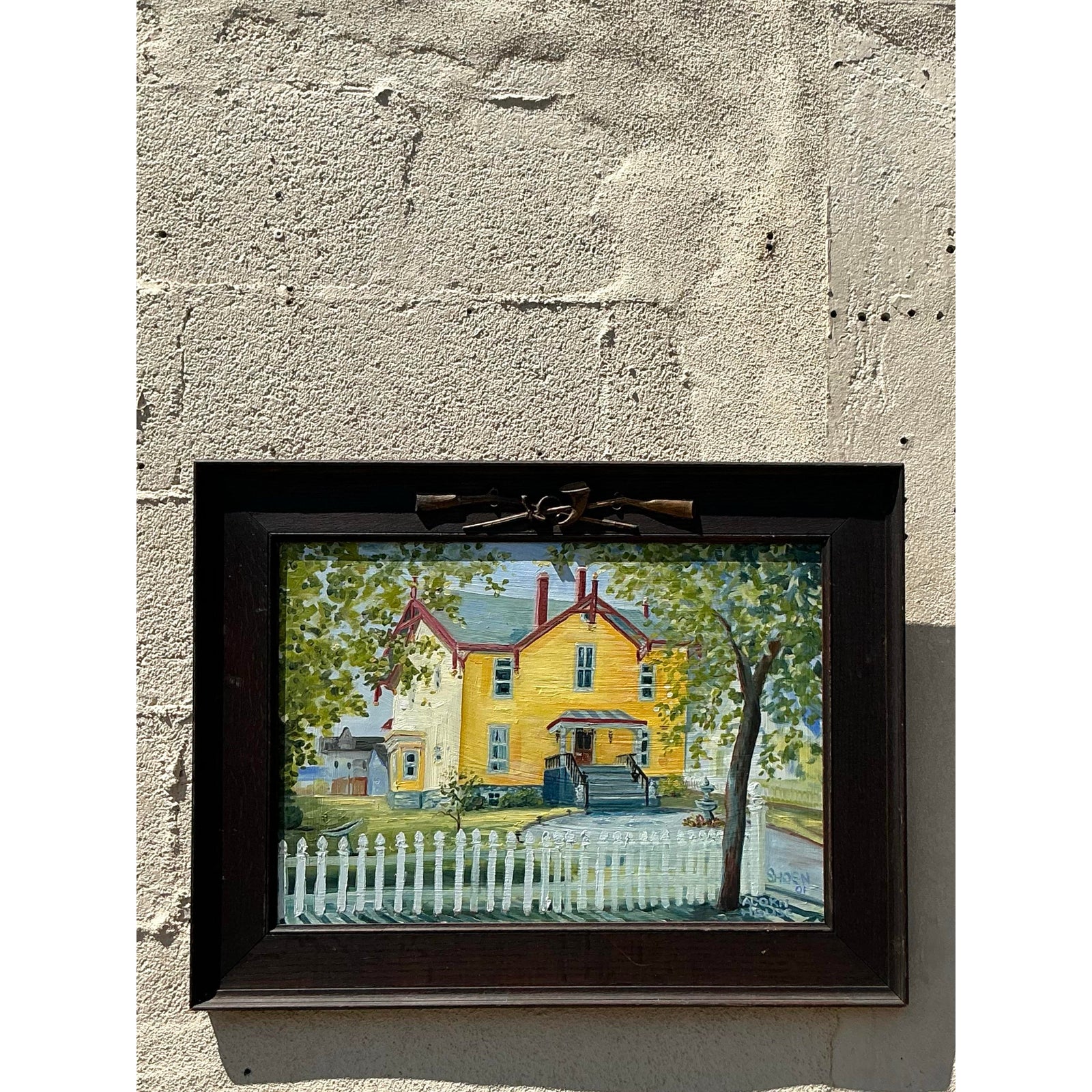 Vintage Boho Primitive Landscape Oil on Board - Side view