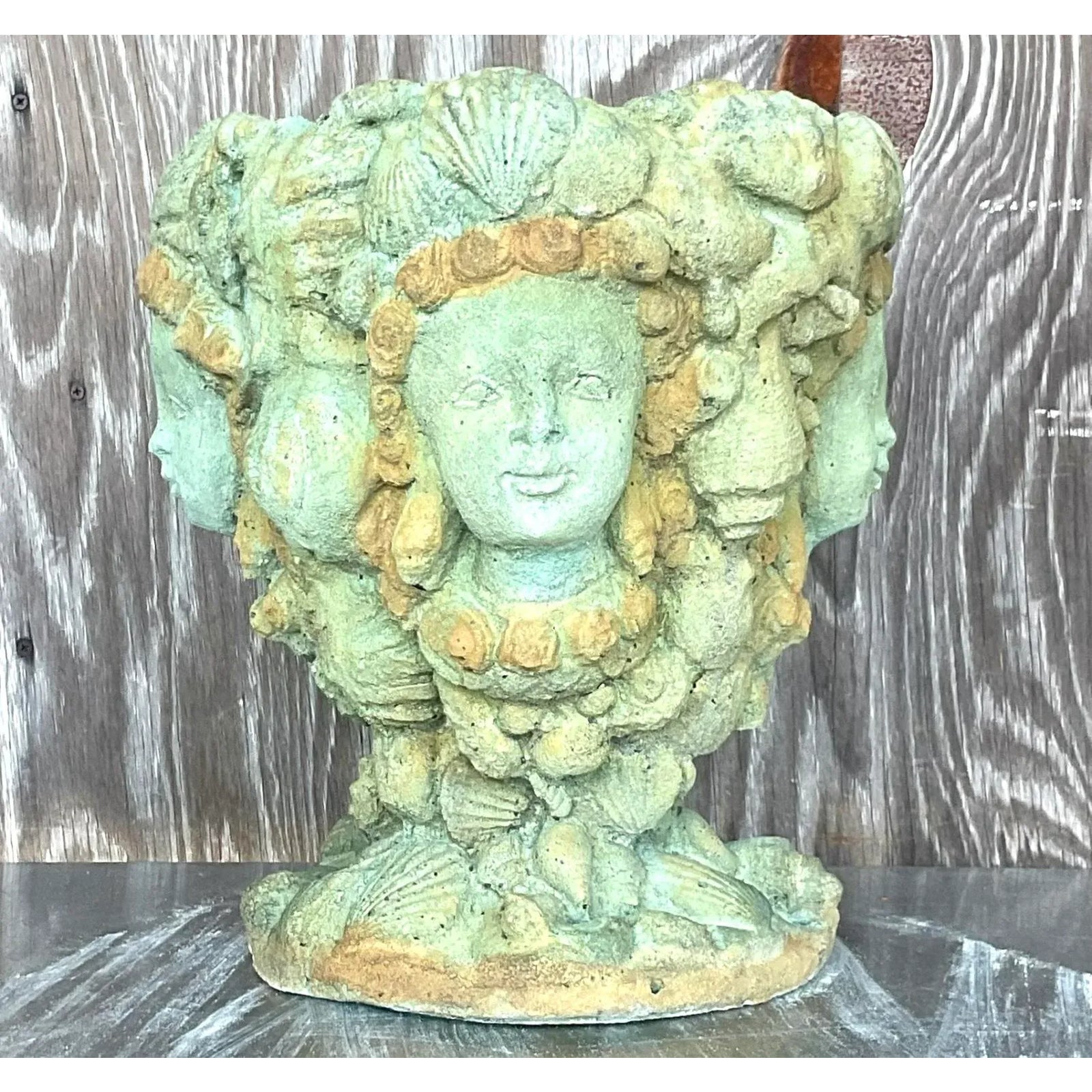 Vintage Boho Tinted Cast Concrete Mermaid Planter - Detail view