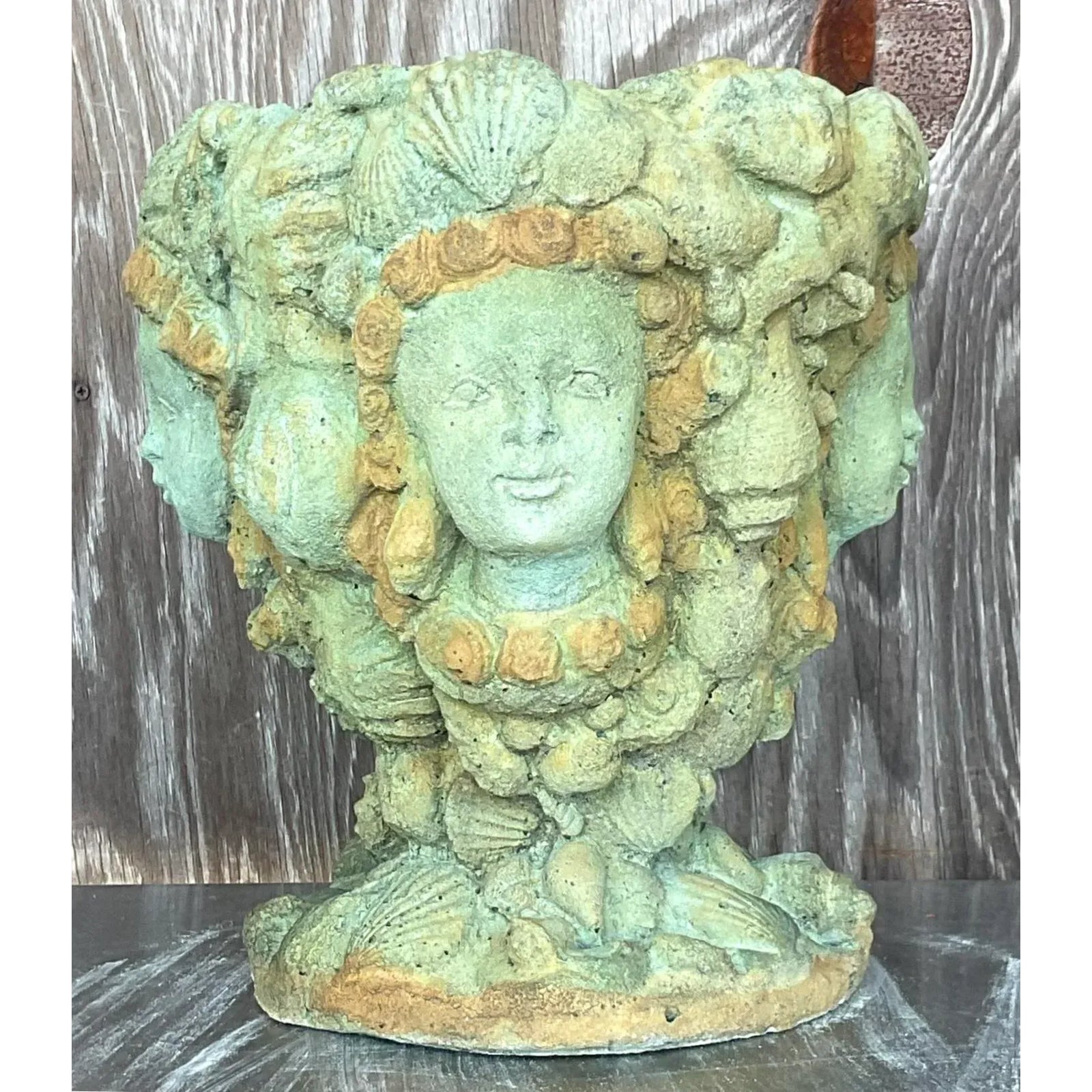 Vintage Boho Tinted Cast Concrete Mermaid Planter - Side view