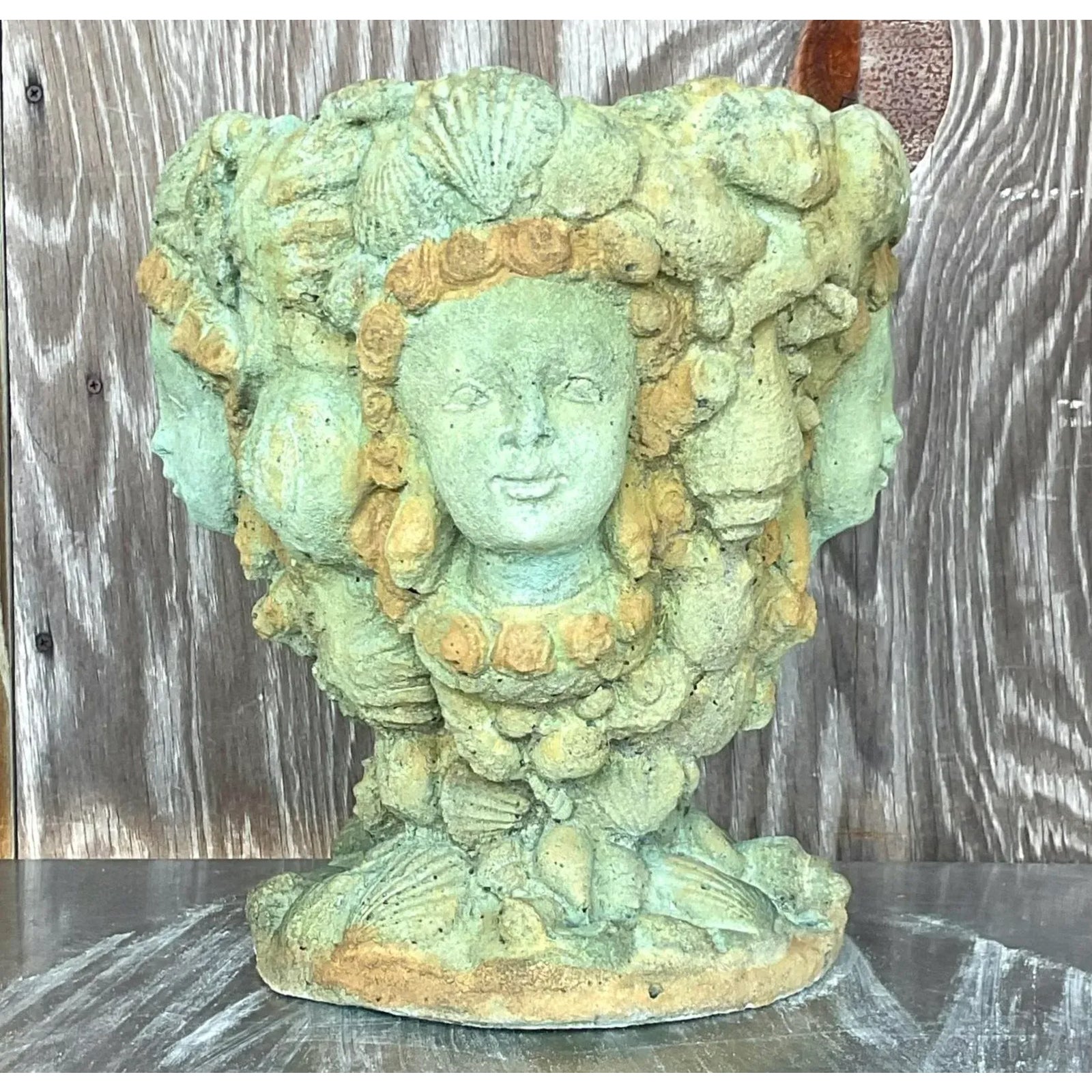 Vintage Boho Tinted Cast Concrete Mermaid Planter - Back view