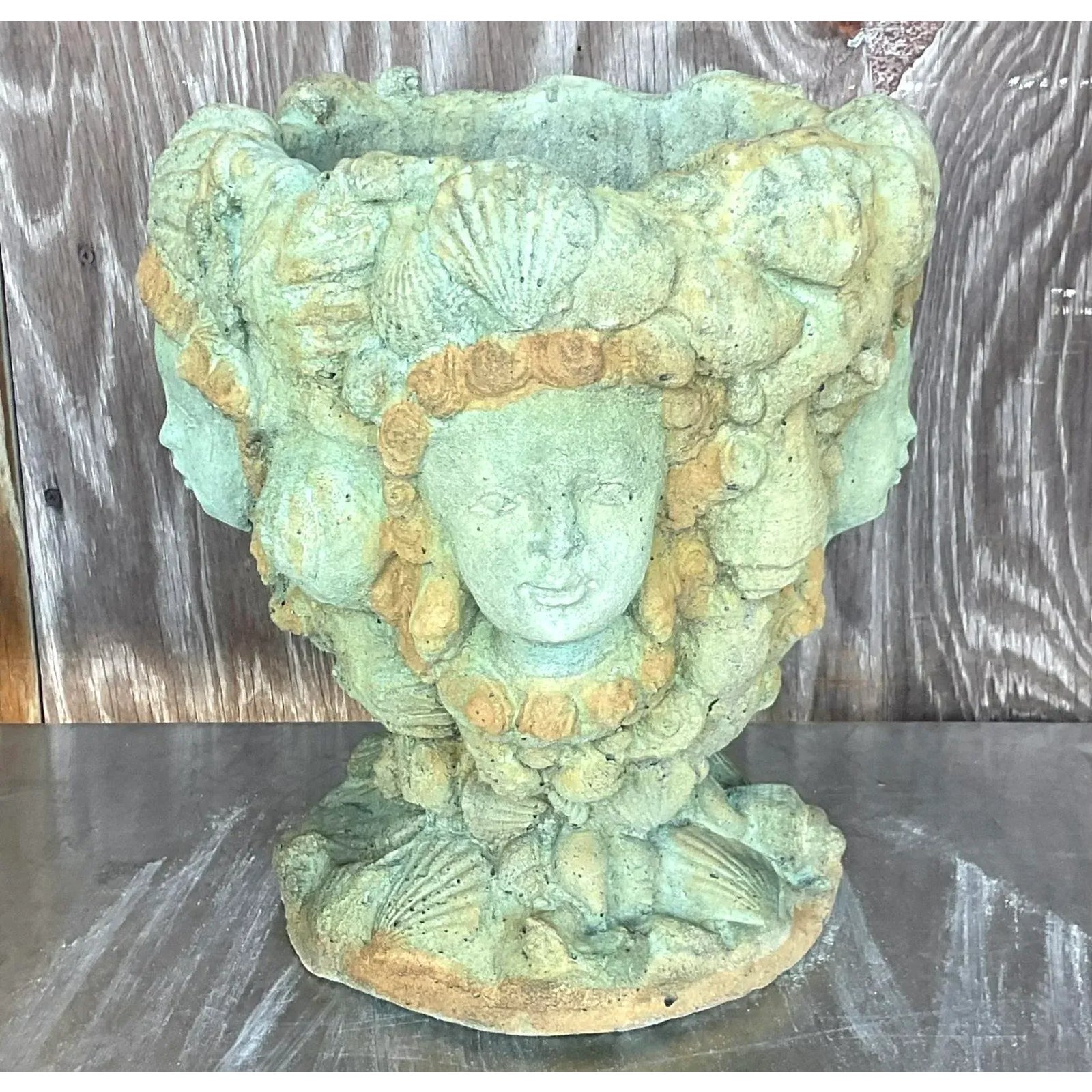 Vintage Boho Tinted Cast Concrete Mermaid Planter - Top view