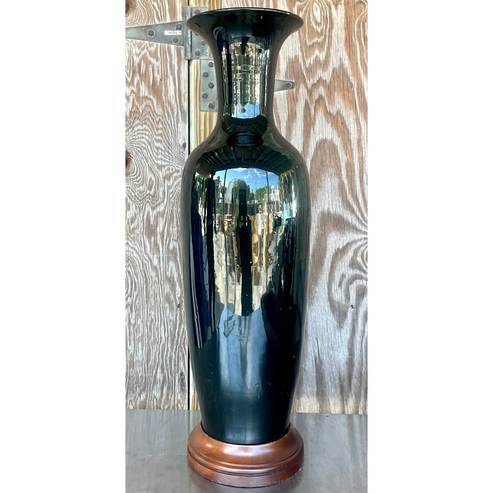 Vintage Boho Glazed Ceramic Tall Ming Vase - Back view