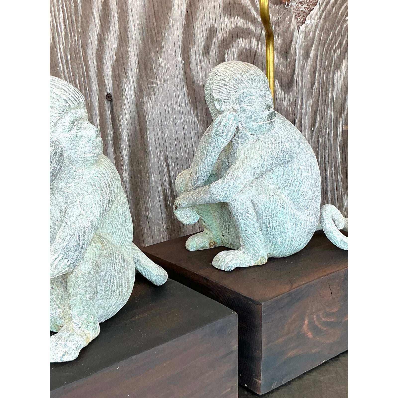 Vintage Boho Patinated Metal Monkeys Lamps - A Pair - Top view