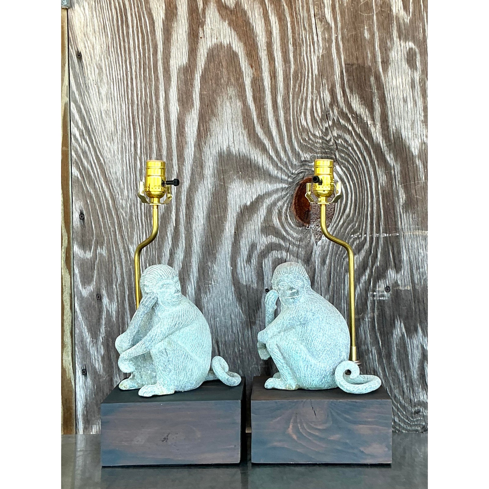 Vintage Boho Patinated Metal Monkeys Lamps - A Pair - Back view