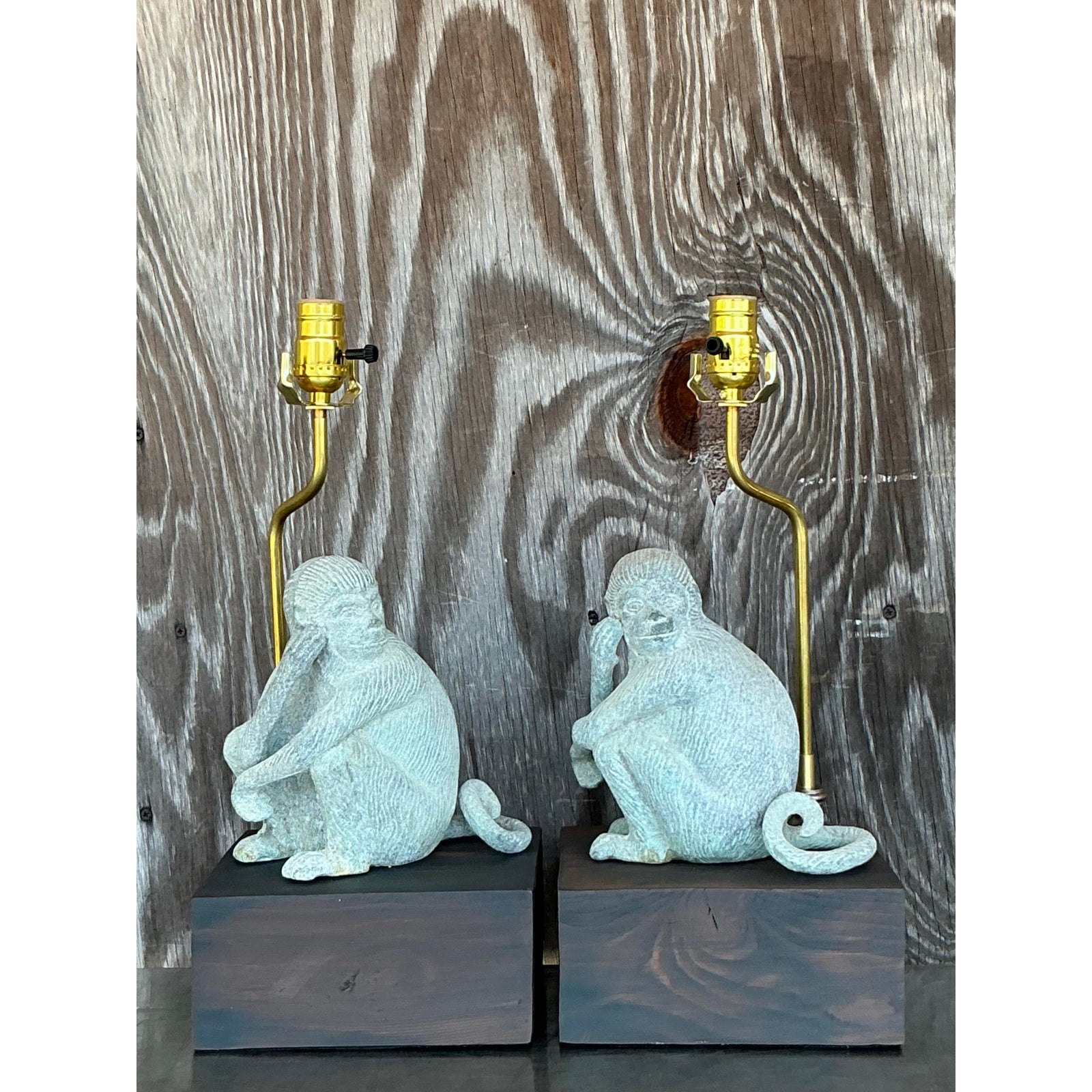 Vintage Boho Patinated Metal Monkeys Lamps - A Pair - Side view