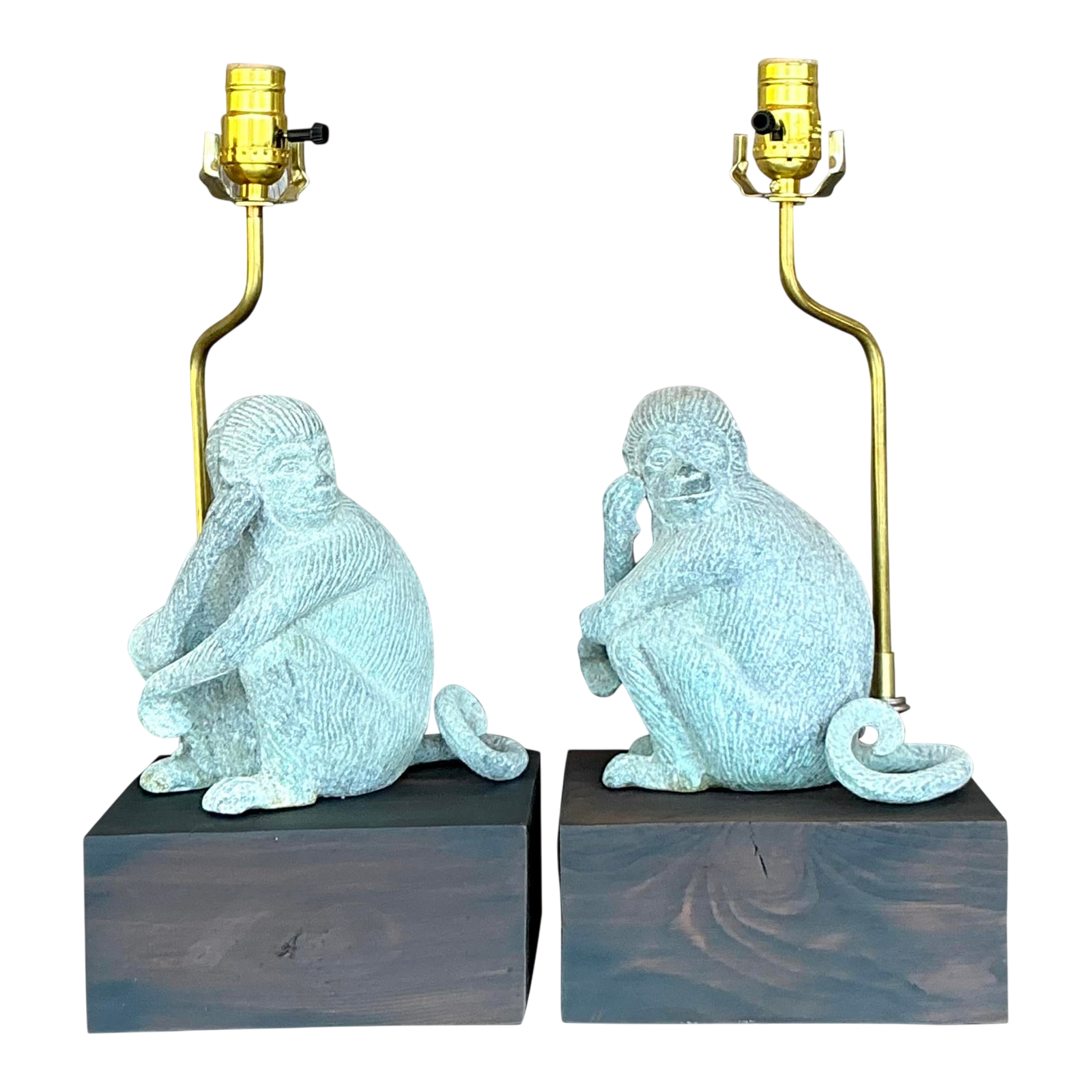 Vintage Boho Patinated Metal Monkeys Lamps - A Pair