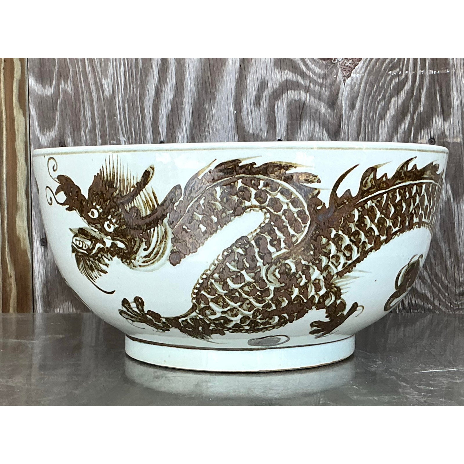 Vintage Boho Monumental Glazed Ceramic Bowl - Detail view