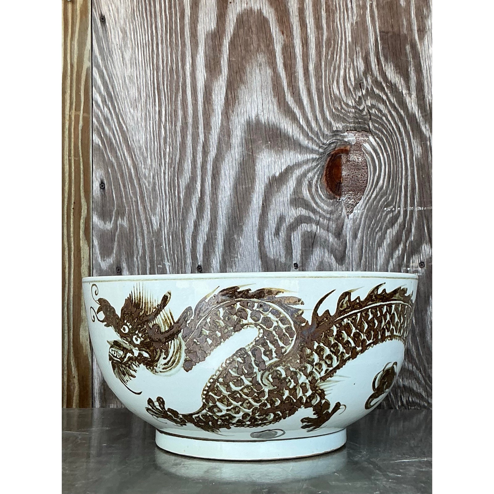 Vintage Boho Monumental Glazed Ceramic Bowl - Back view