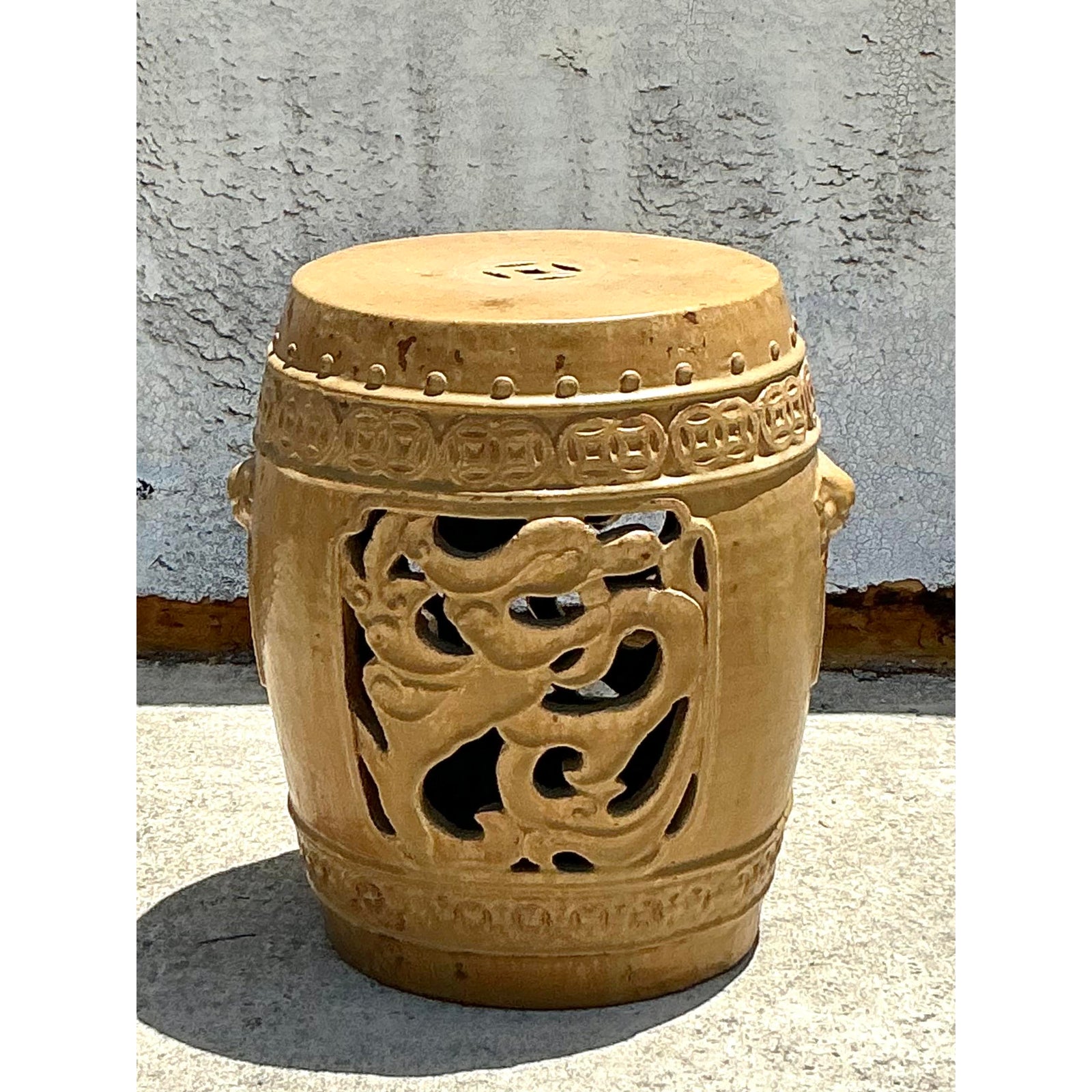 Vintage Boho Glazed Ceramic Medallion Low Stool - Side view