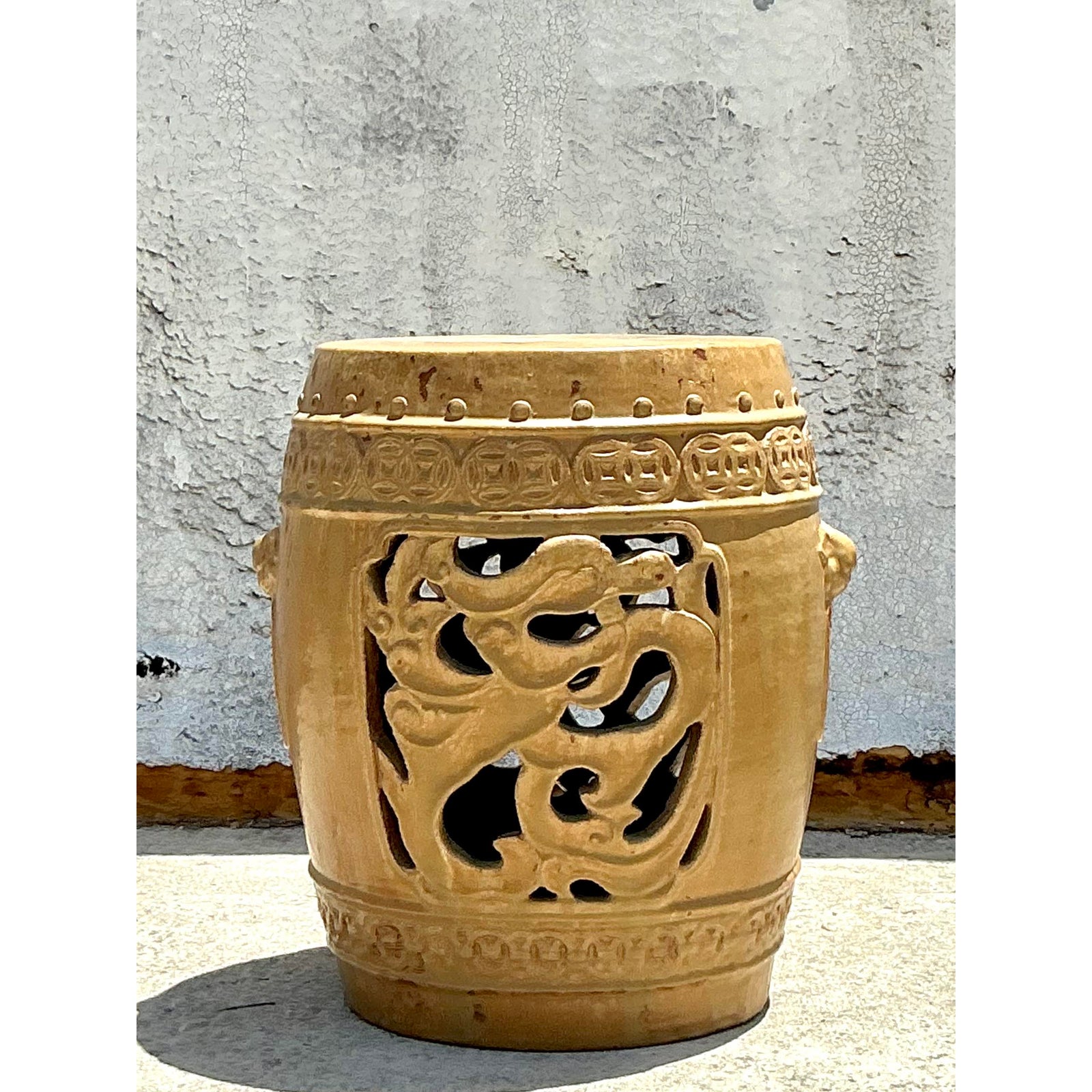 Vintage Boho Glazed Ceramic Medallion Low Stool - Back view