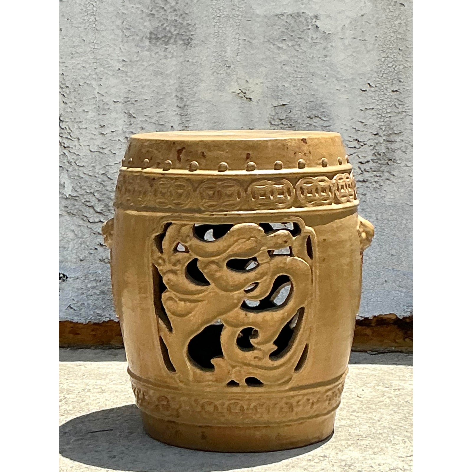 Vintage Boho Glazed Ceramic Medallion Low Stool - Top view