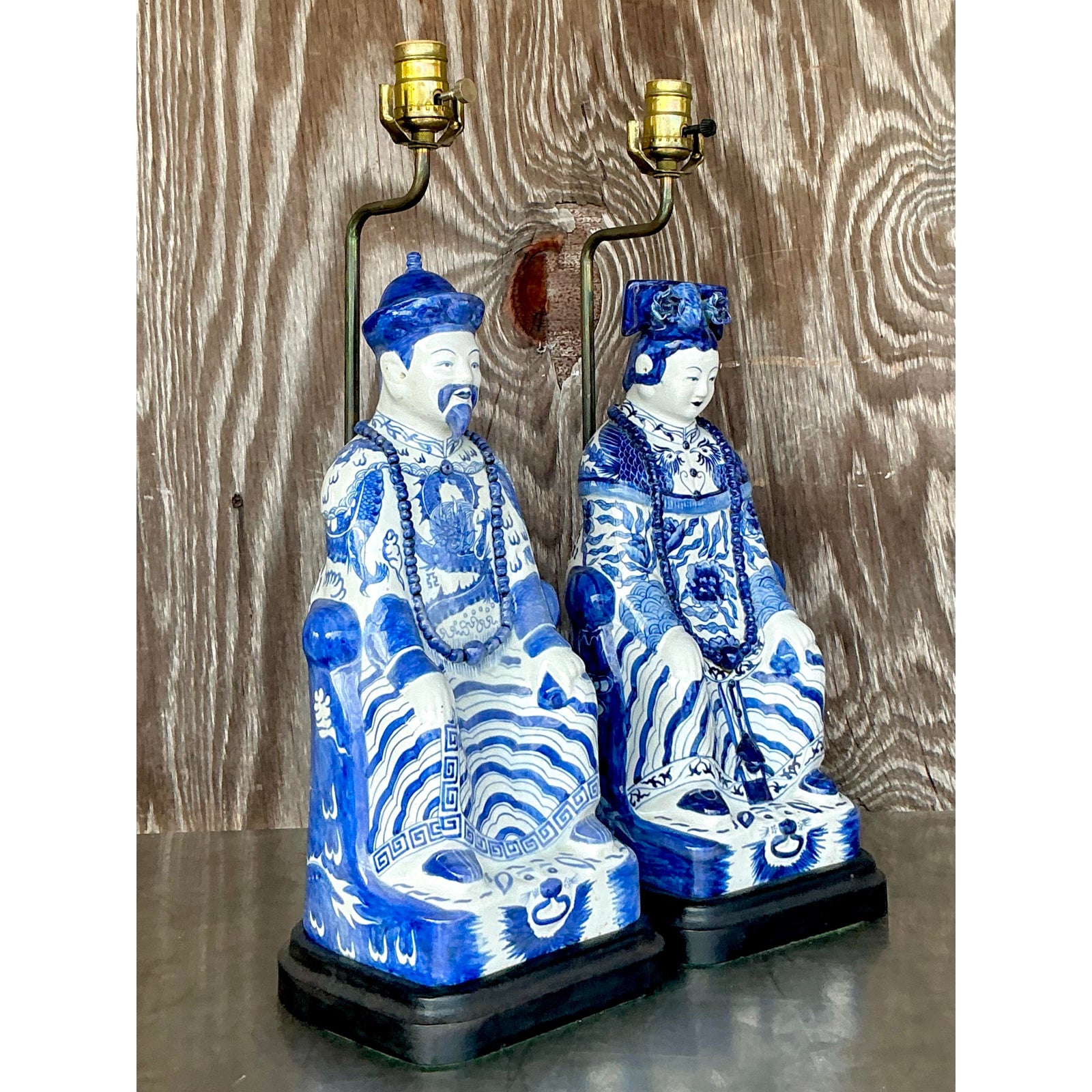 Vintage Asian Blue and White Emperor Lamps - A Pair - Top view