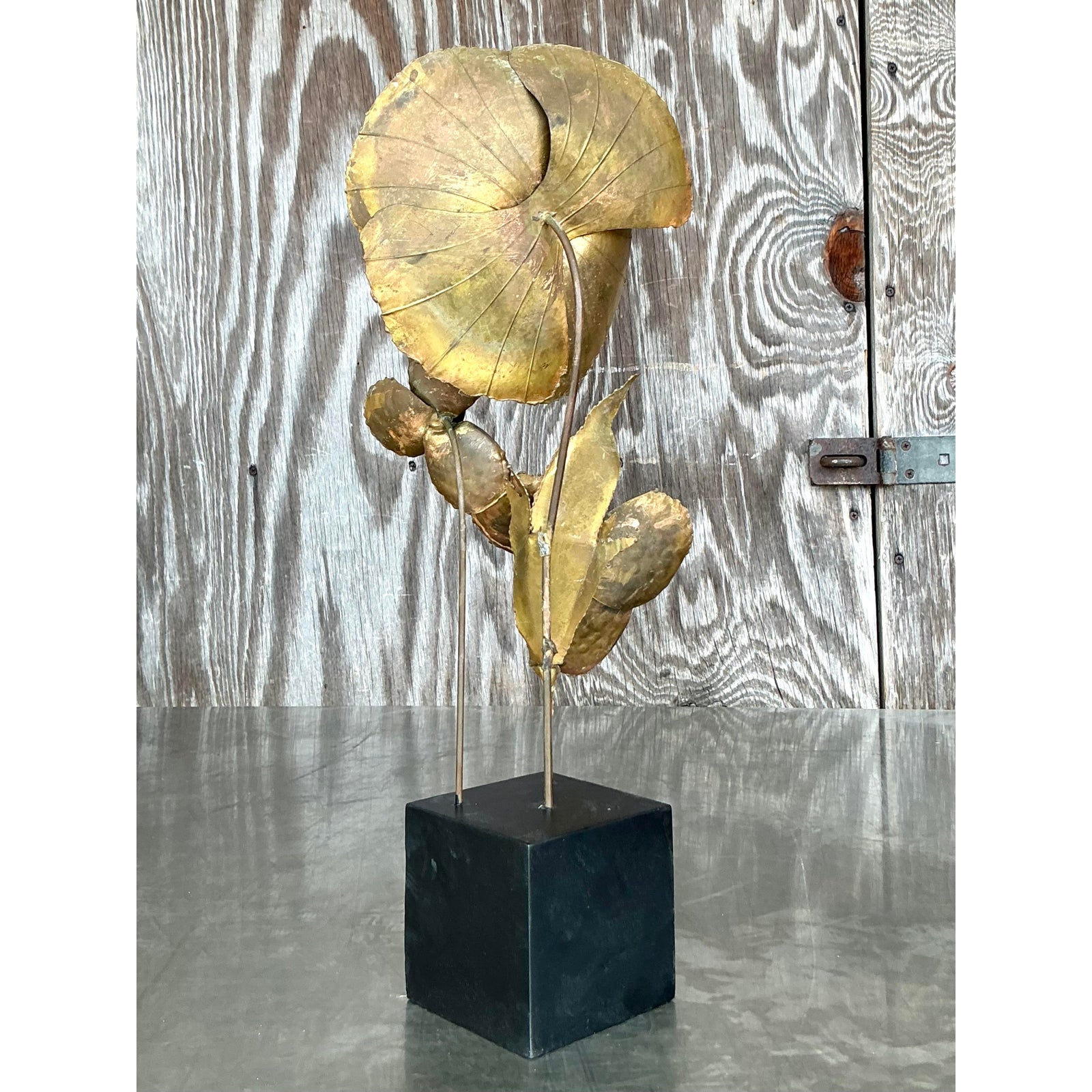Vintage Boho Brutalist Brass Flower Sculpture - Side view