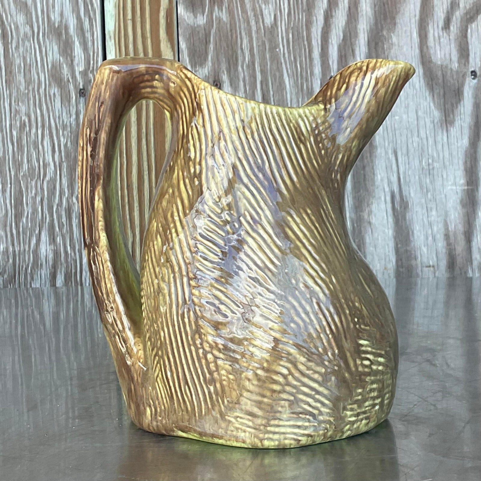 Vintage Boho Signed Glazed Studio Pottery Pitcher - Side view
