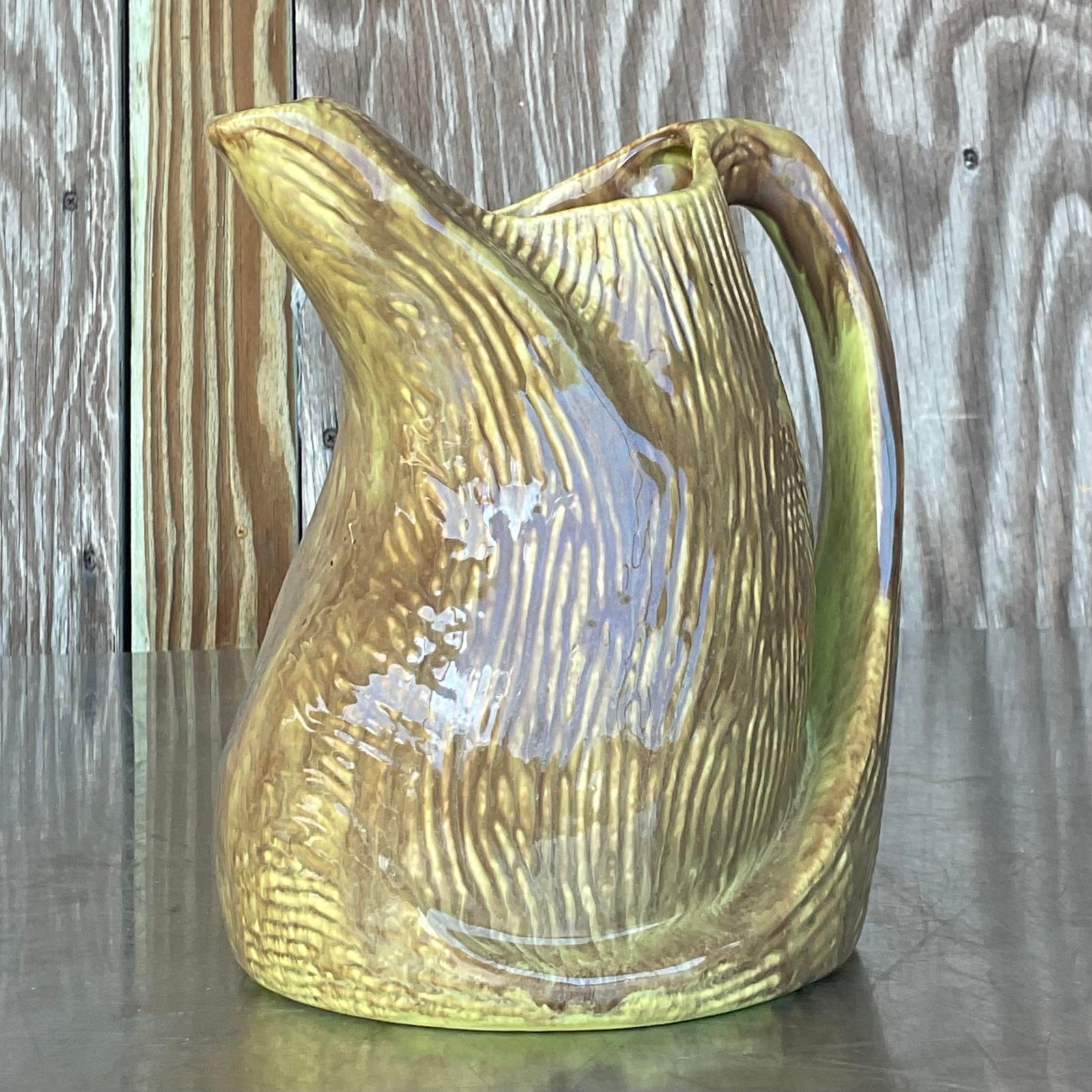 Vintage Boho Signed Glazed Studio Pottery Pitcher - Back view