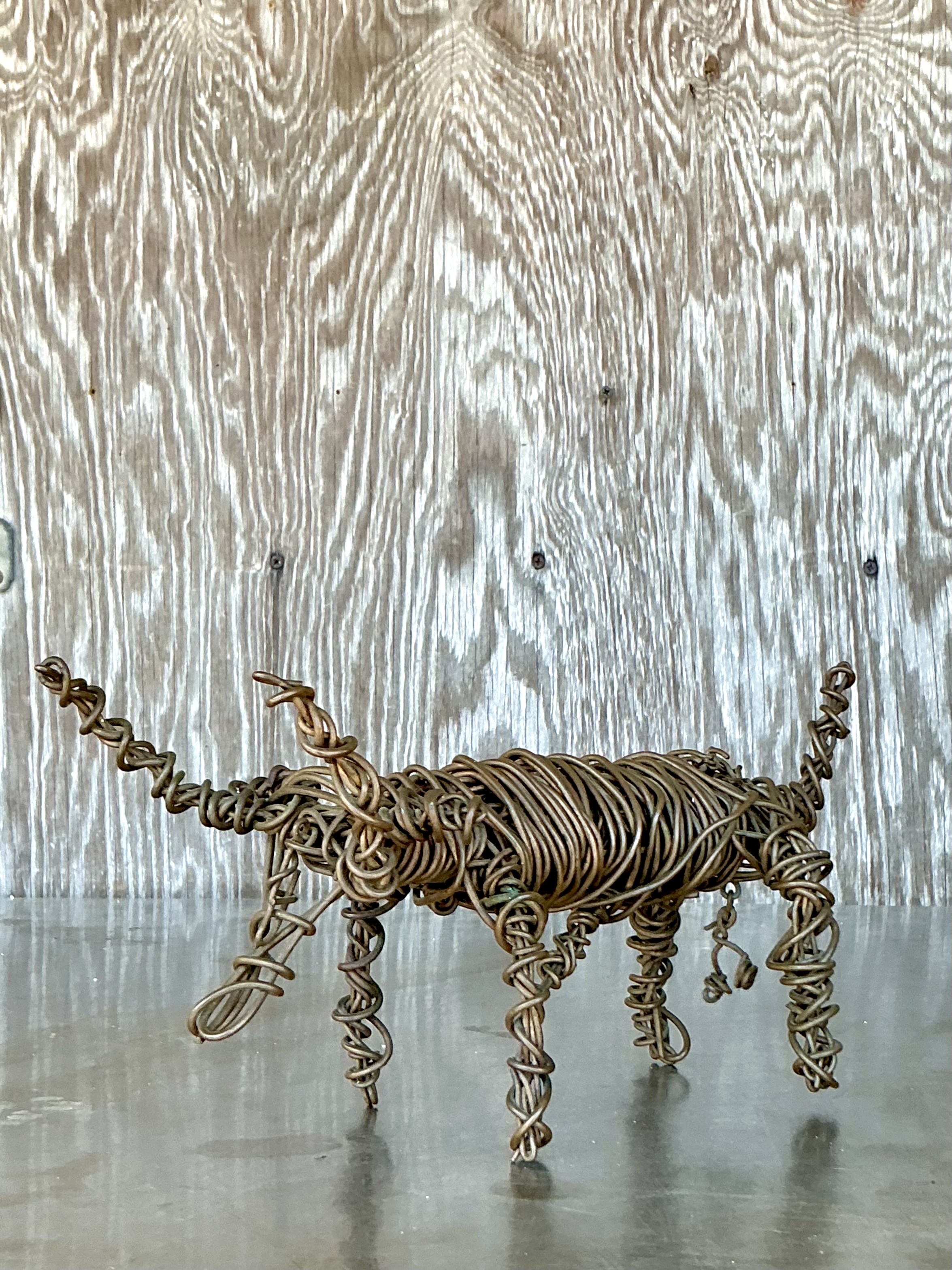 Vintage Boho Coiled Wire Sculpture Of Bull  - Detail view