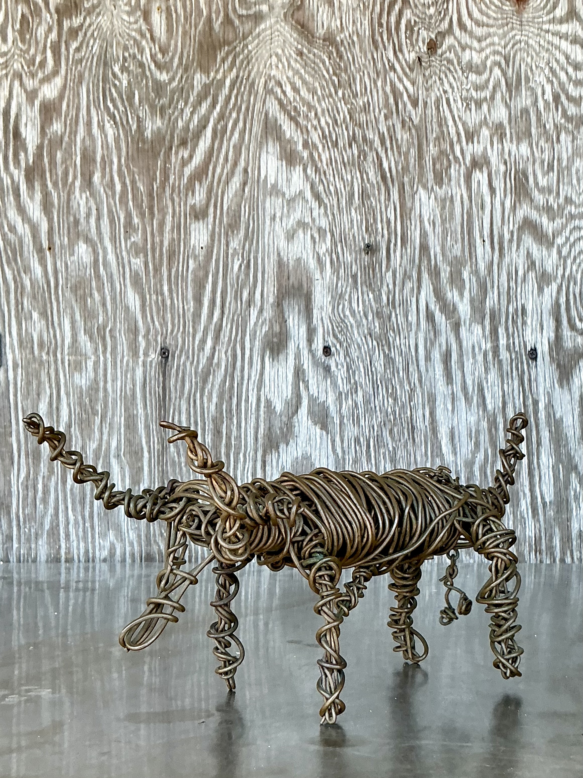 Vintage Boho Coiled Wire Sculpture Of Bull  - Side view