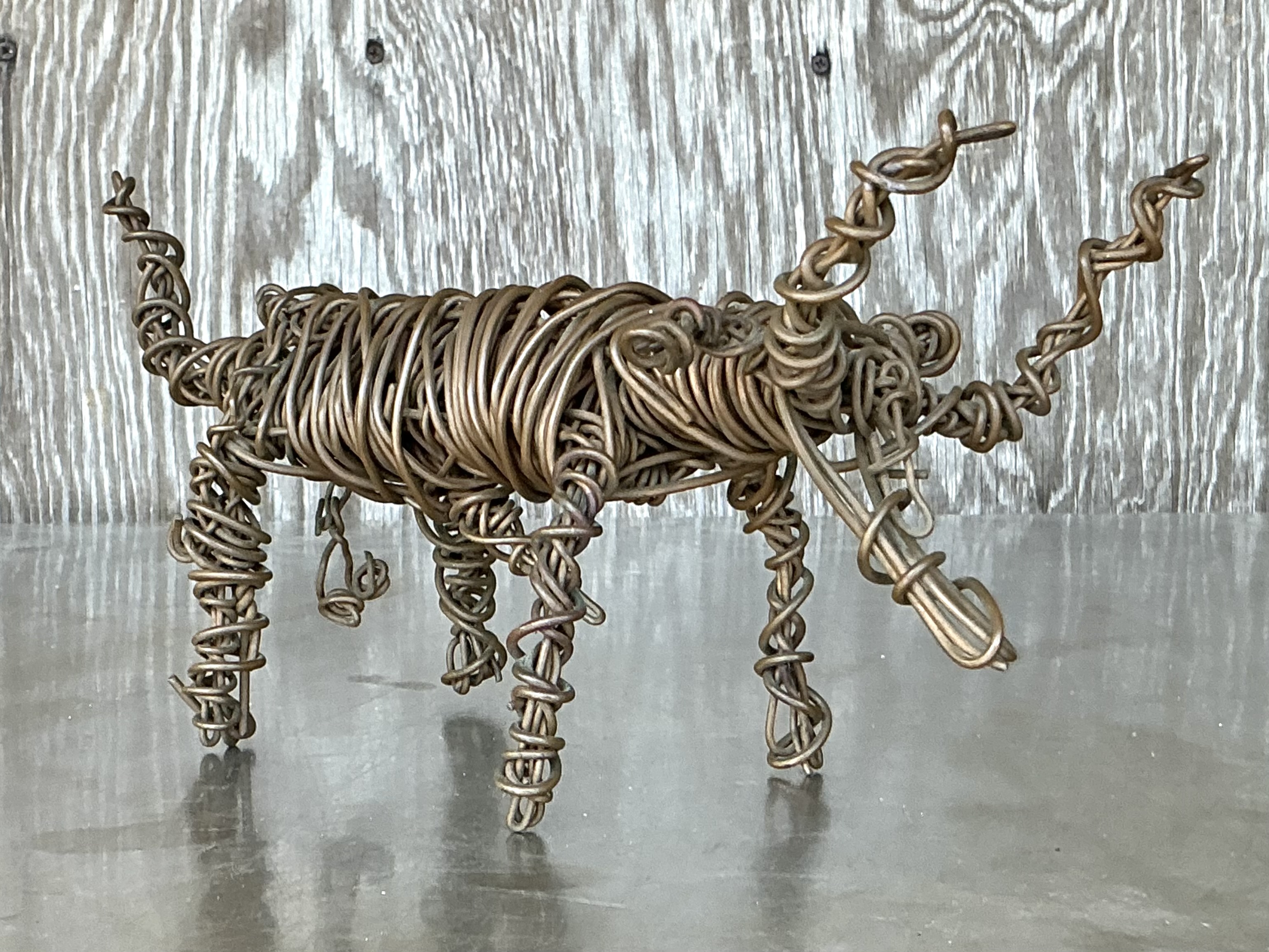 Vintage Boho Coiled Wire Sculpture Of Bull  - Top view