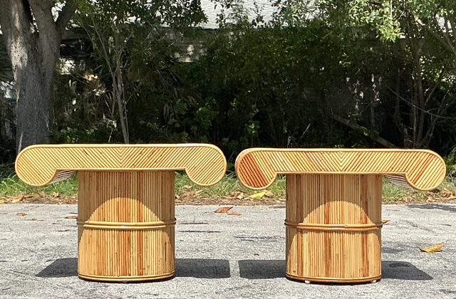 Vintage Coastal Pencil Reed Column Side Tables - A Pair - Back view