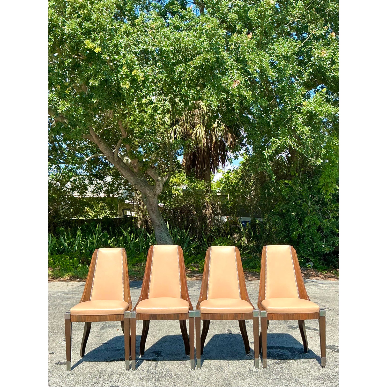 Vintage French Art Deco Burl and Leather Dining Chairs After Ruhlman -Set of 4 - Side view