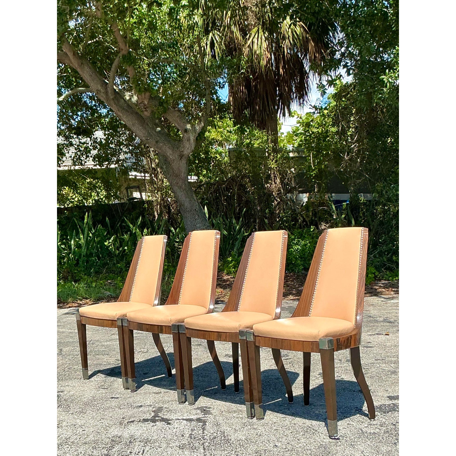 Vintage French Art Deco Burl and Leather Dining Chairs After Ruhlman -Set of 4 - Back view