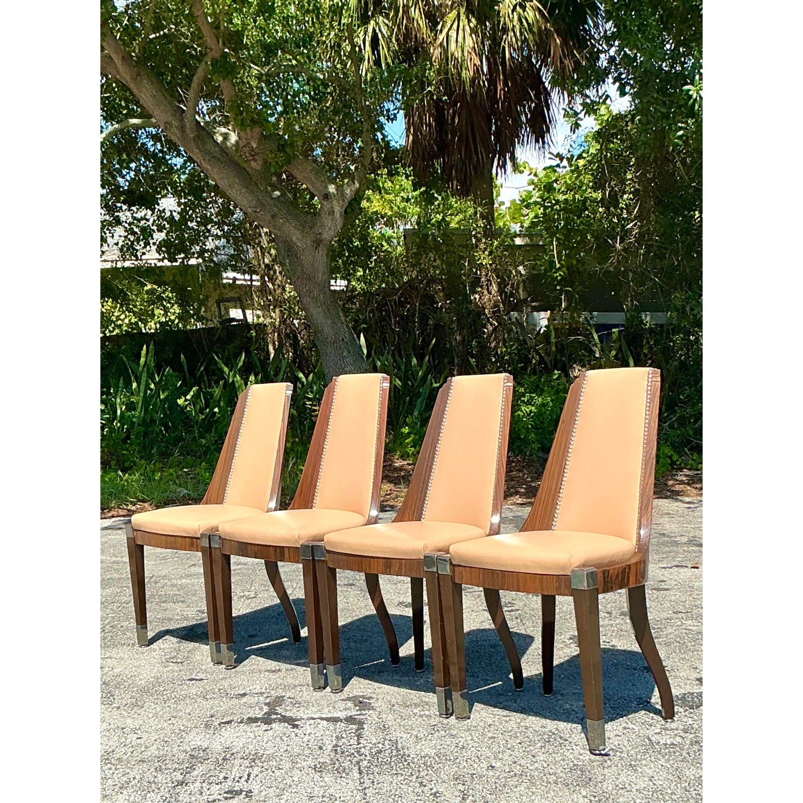 Vintage French Art Deco Burl and Leather Dining Chairs After Ruhlman -Set of 4 - Top view
