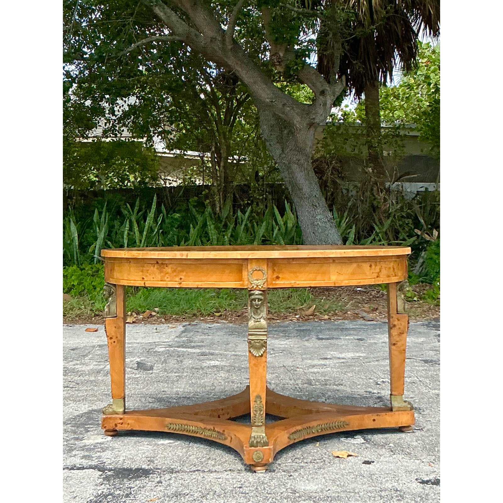 Vintage Neoclassical Burl and Ormolu Center Hall Table - Side view