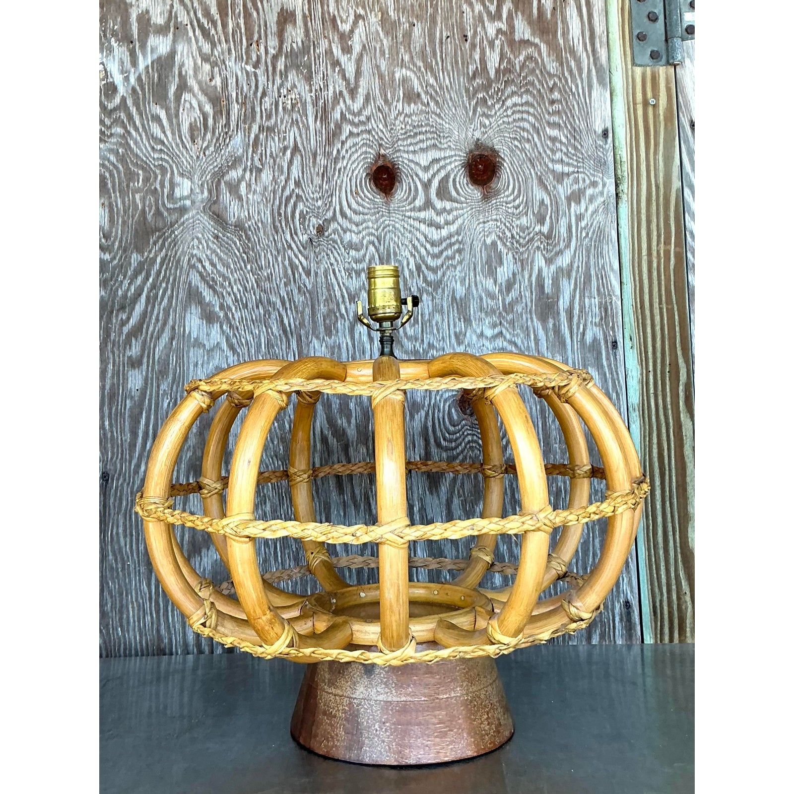 Vintage Coastal Bent Rattan Lamp - Side view