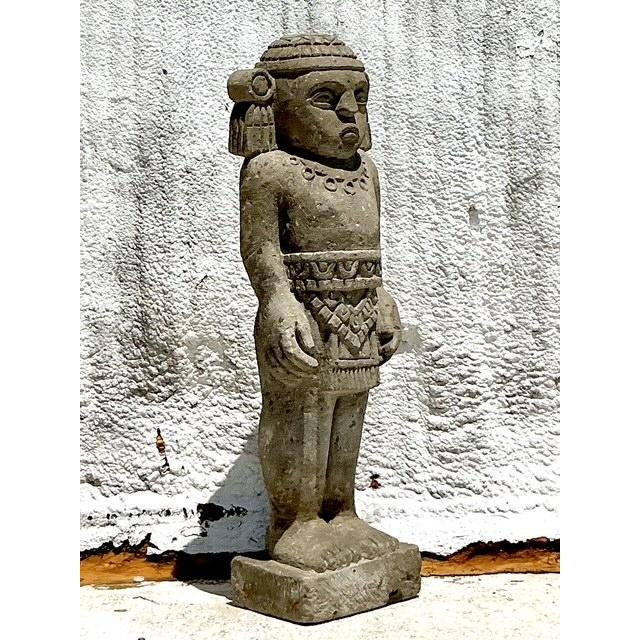 Vintage Boho Monumental Mayan Carved Stone Sculpture of Man - Side view