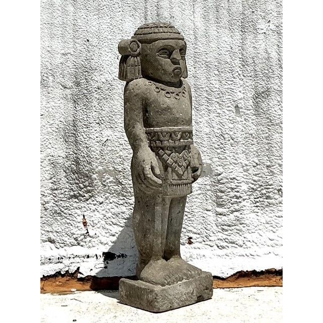 Vintage Boho Monumental Mayan Carved Stone Sculpture of Man - Top view