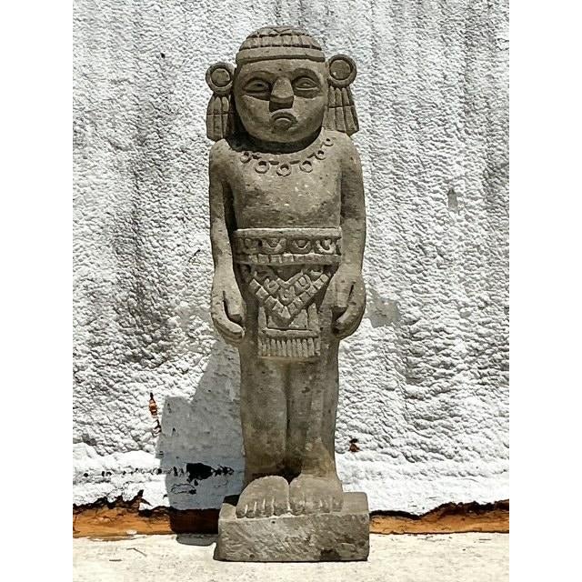 Vintage Boho Monumental Mayan Carved Stone Sculpture of Man - Detail view