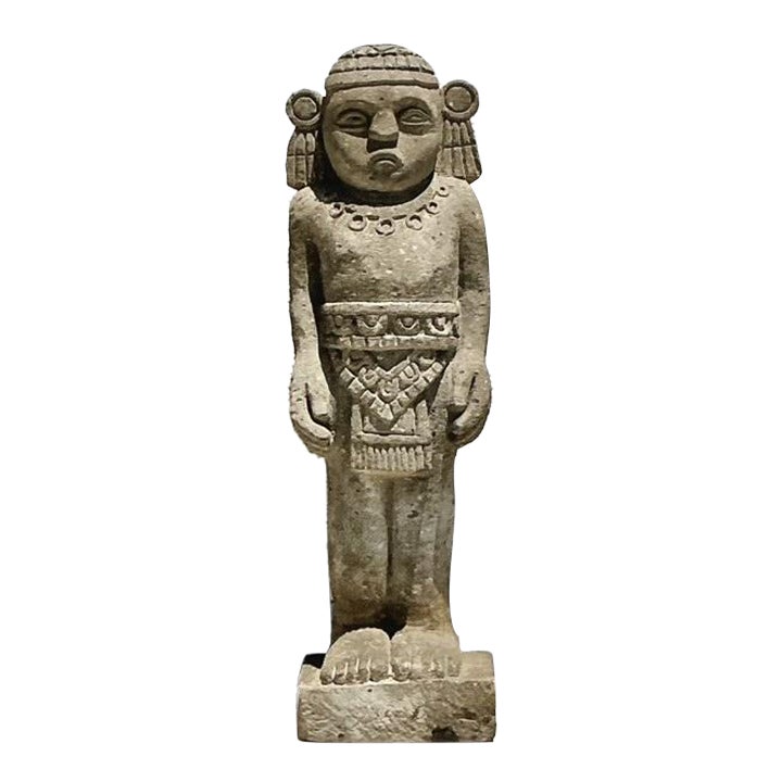 Vintage Boho Monumental Mayan Carved Stone Sculpture of Man