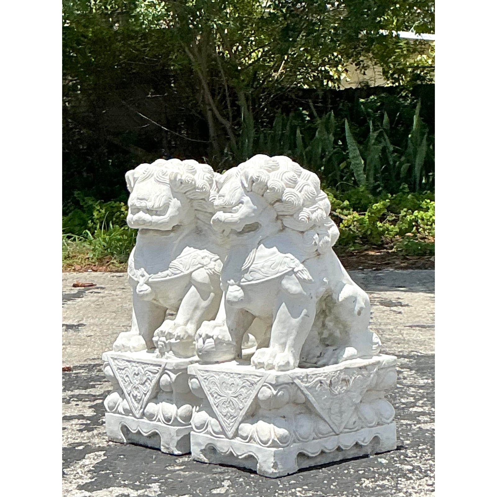 Vintage Boho Monumental Carved Stone Foo Dogs - A Pair - Side view
