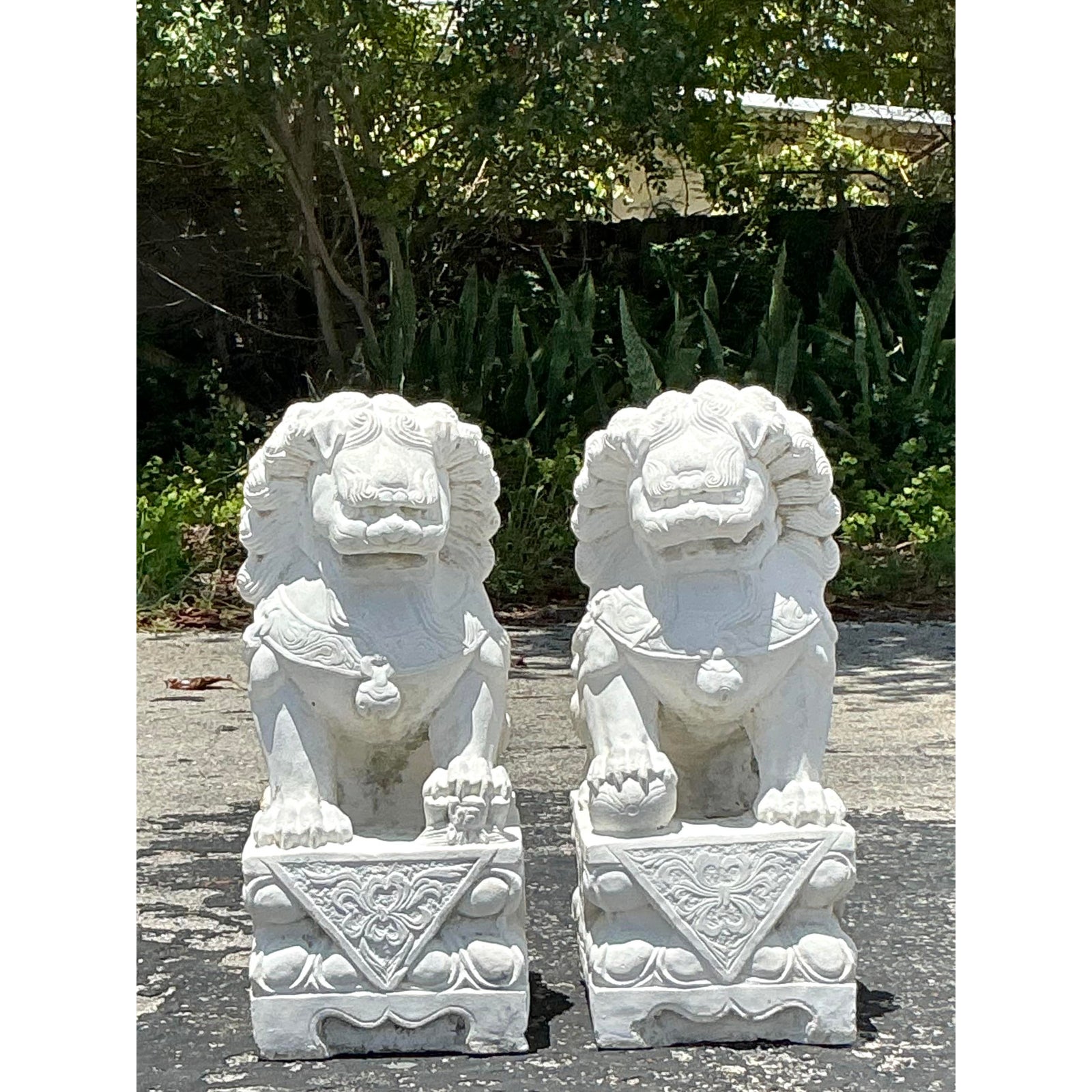 Vintage Boho Monumental Carved Stone Foo Dogs - A Pair - Back view