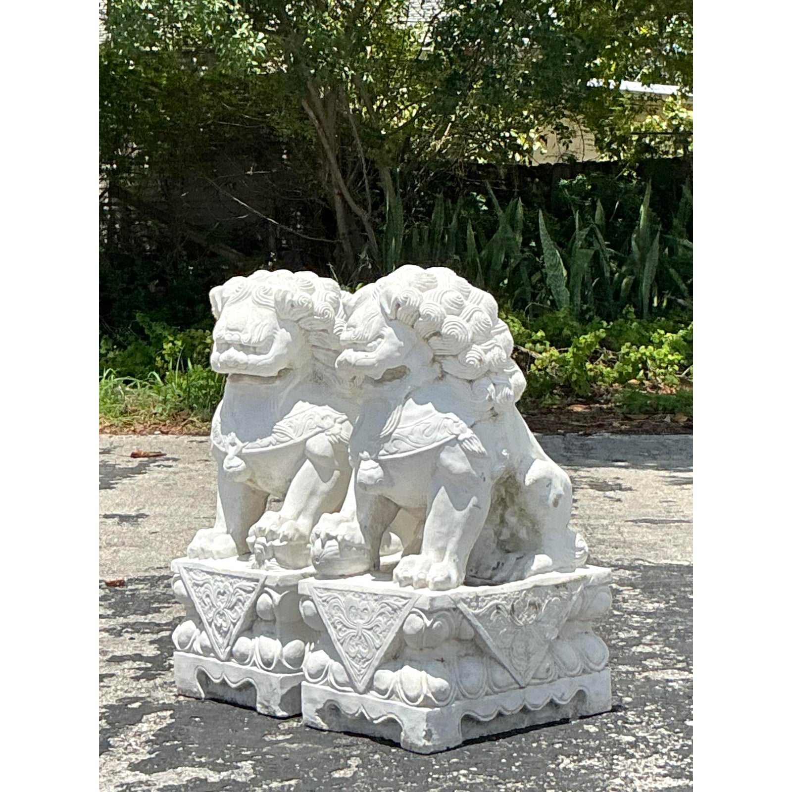 Vintage Boho Monumental Carved Stone Foo Dogs - A Pair - Top view