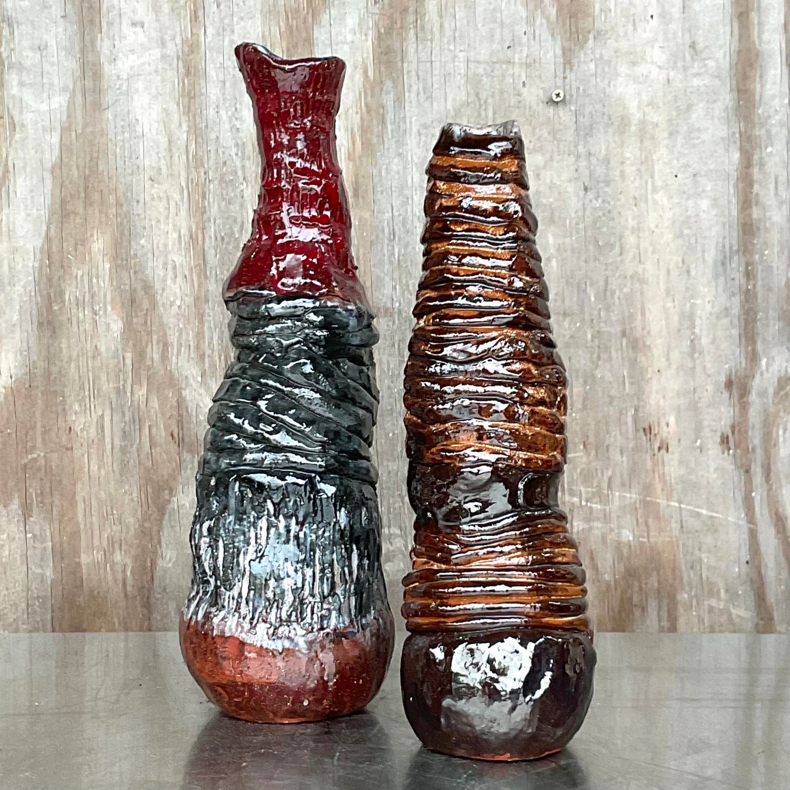 Vintage Boho Signed Hand Made Studio Pottery Vases - a Pair - Detail view