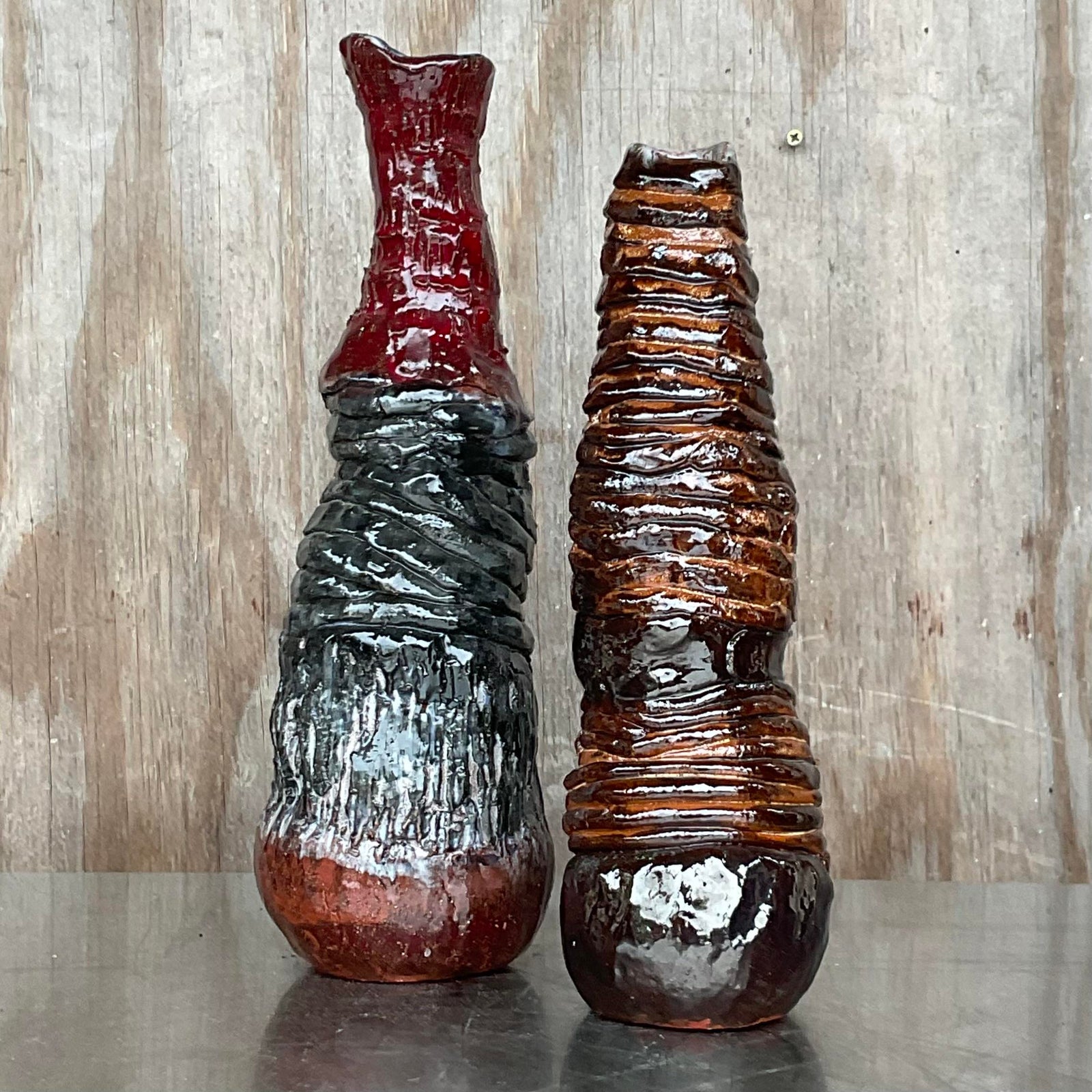 Vintage Boho Signed Hand Made Studio Pottery Vases - a Pair - Side view