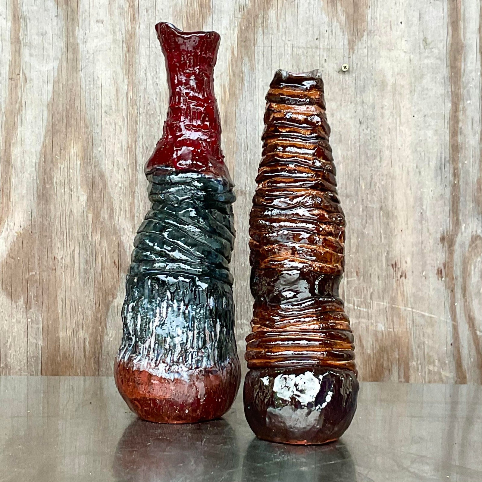 Vintage Boho Signed Hand Made Studio Pottery Vases - a Pair - Top view