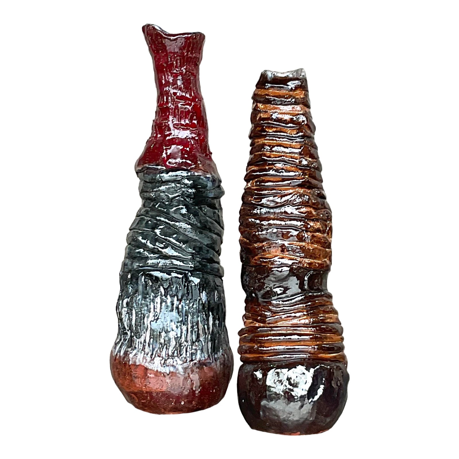 Vintage Boho Signed Hand Made Studio Pottery Vases - a Pair