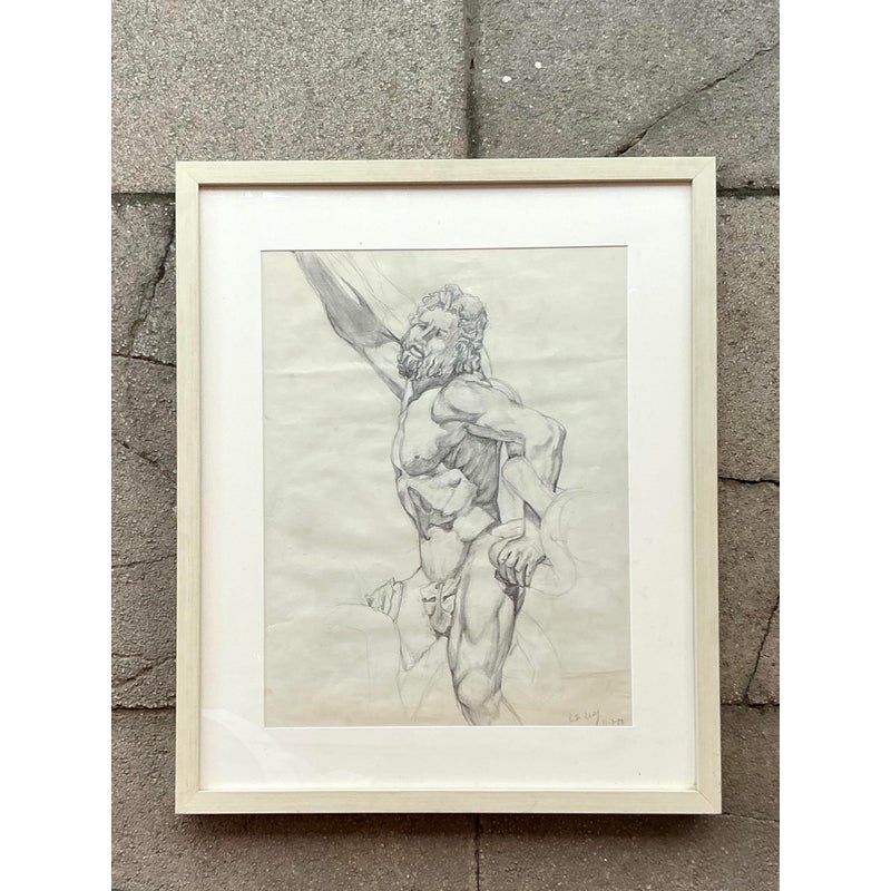Vintage Boho Original Pencil Sketch of Man - Detail view