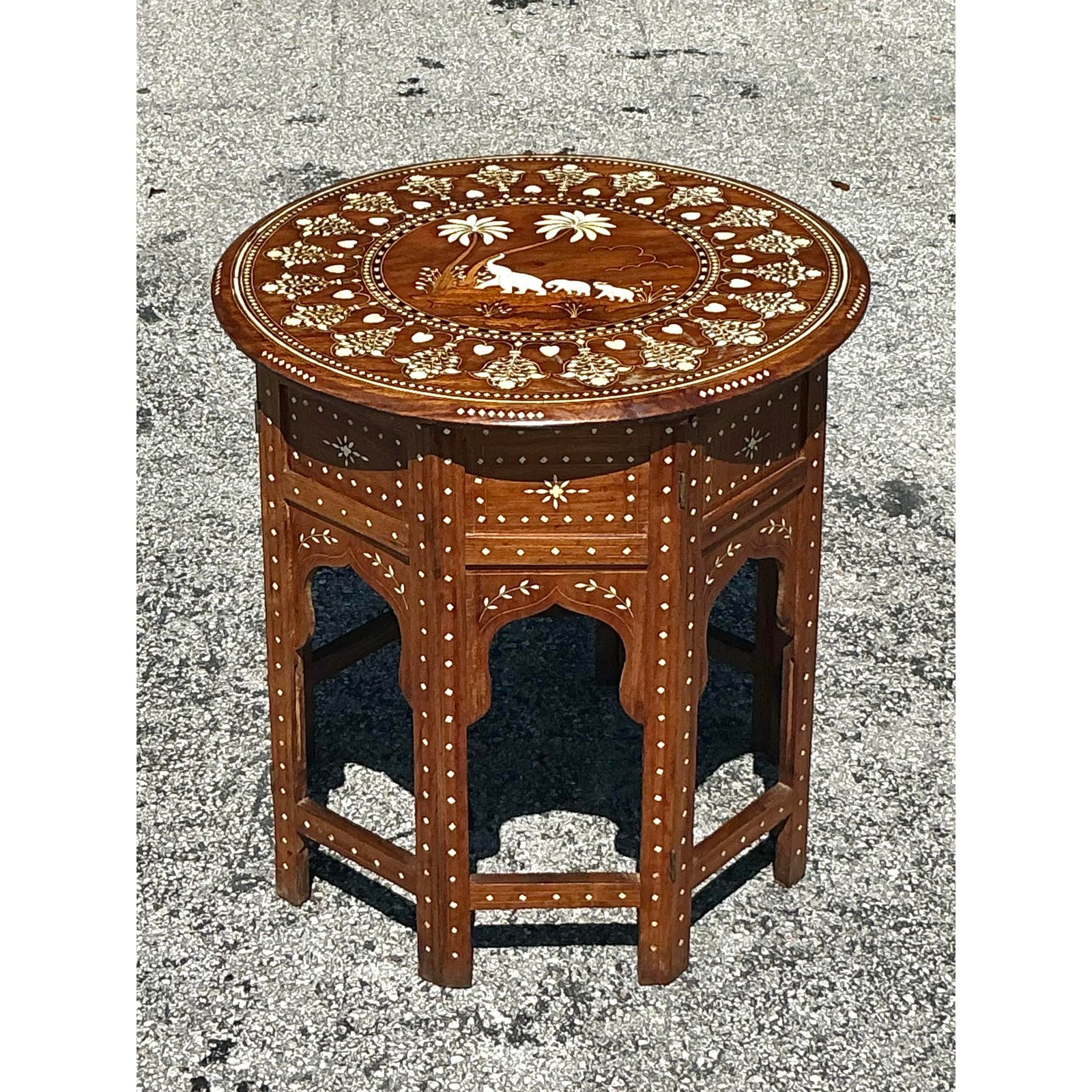 Vintage Boho Moroccan Elephant Inlay Side Table - Back view