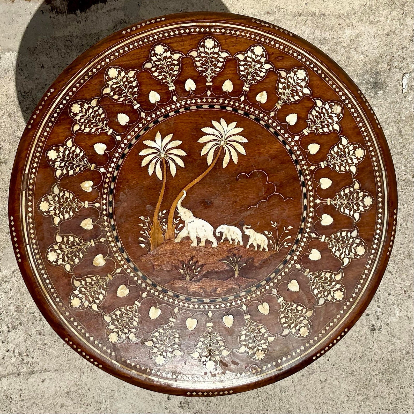 Vintage Boho Moroccan Elephant Inlay Side Table - Top view