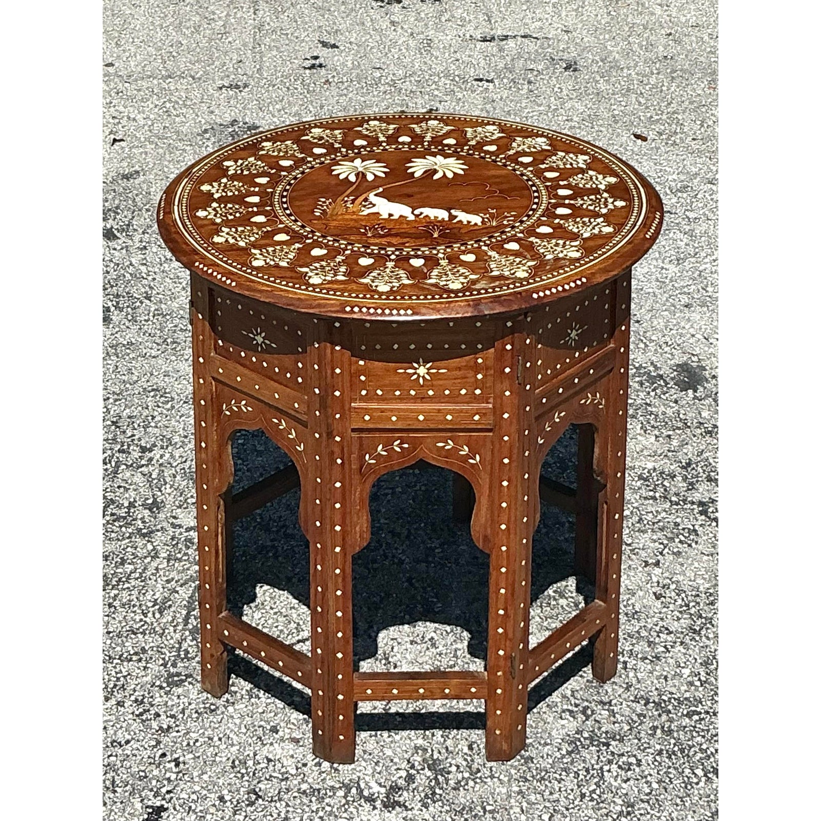 Vintage Boho Moroccan Elephant Inlay Side Table - Side view